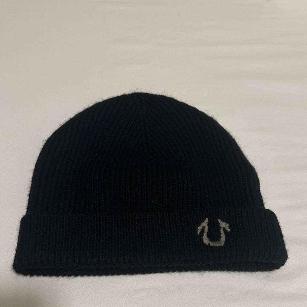 True Religion Black Knit Hat with Iconic Emblem
